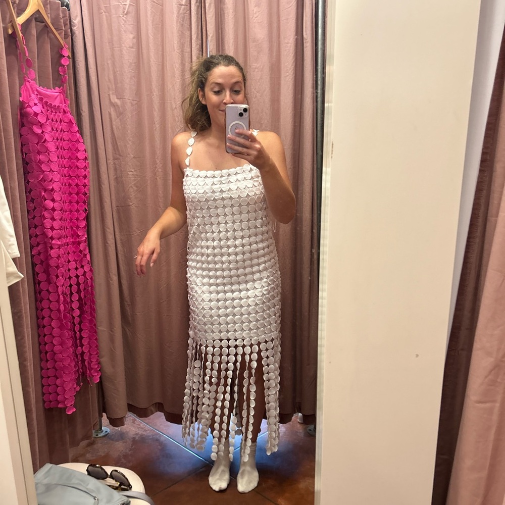 The Impeccable Pig White Fringe Midi Dress